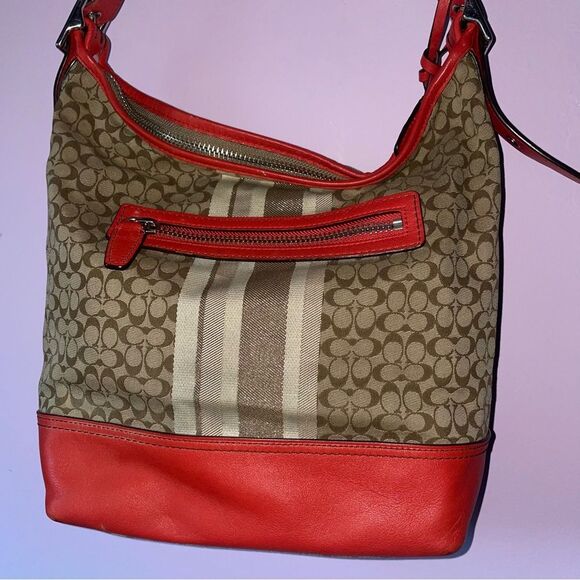 Coach 19918 Legacy Signature Stripe Duffle Bag Red - Picture 7 of 9